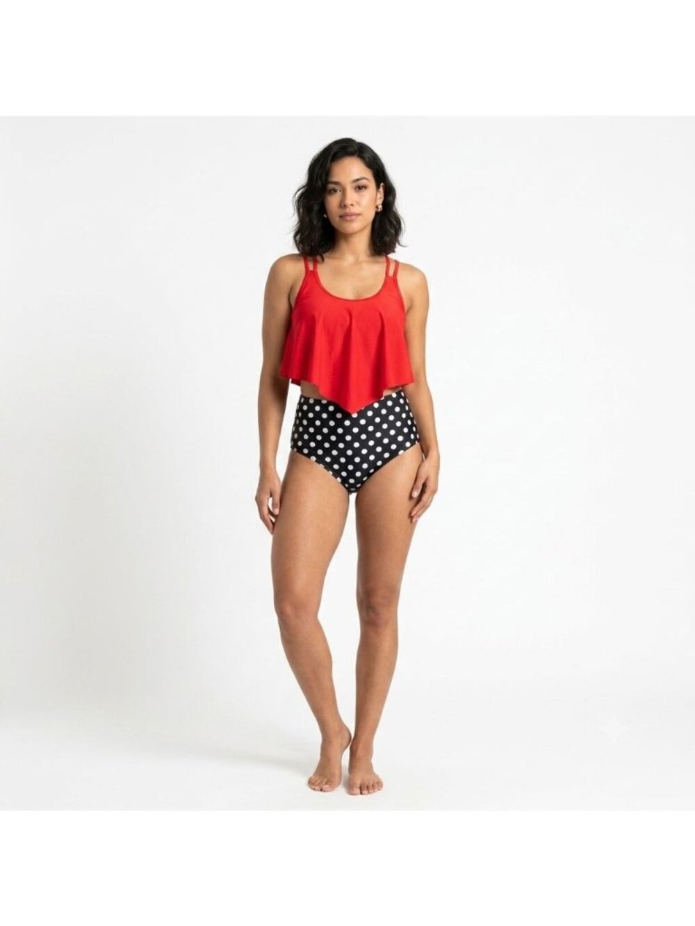 Adisputent 2 Pc Bikini Swim Set Handkerchief Top Size XL M-L Red Black Polka Dot
